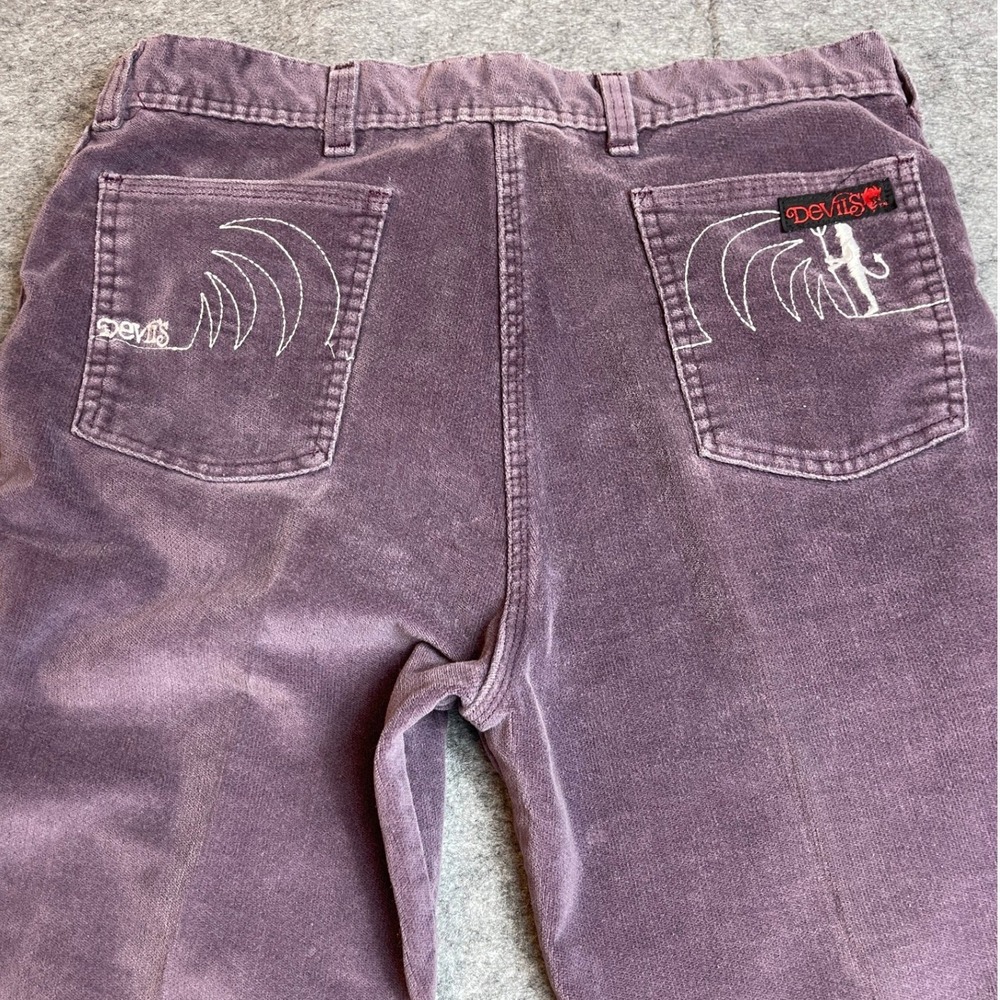 Vintage Devil‎ Purple Corduroy Pants Embroidered Graphic Straight Leg Mens 30x32